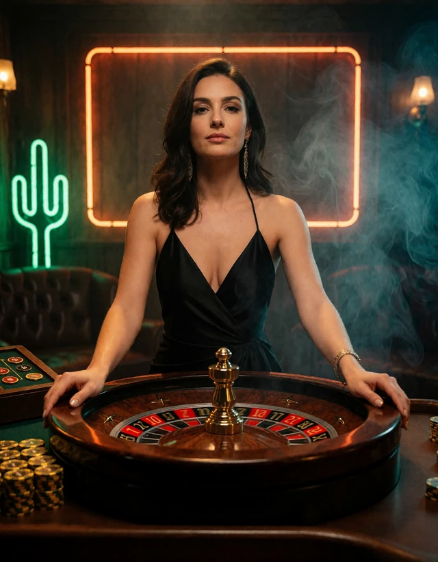 Live Dealer in schwarzem Abendkleid dreht das Roulette-Rad im Lizaro Live Casino Saloon-Studio