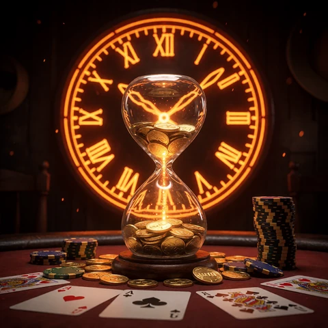 Goldene Sanduhr voller M&uuml;nzen auf Pokertisch - Daily Jackpots im Lizaro Casino Saloon