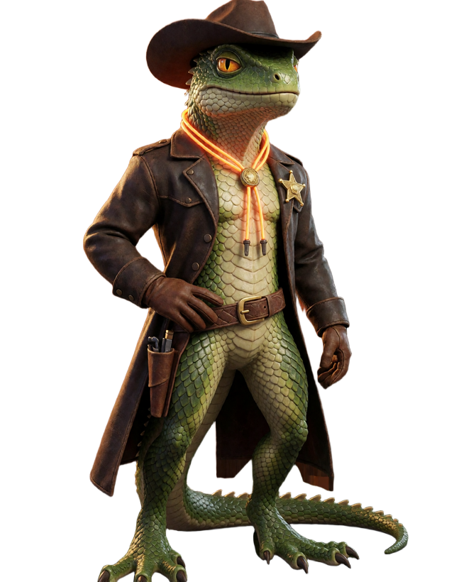 Lizard-Cowboy-Maskottchen im Ledermantel als Wild-West-Held f&uuml;r Lizaro Casino Deutschland