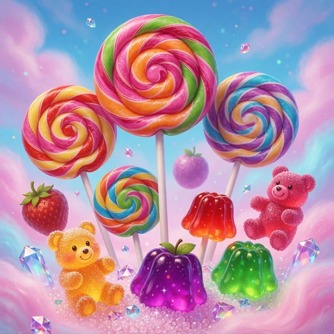 Sweet Bonanza Slot-Artwork mit Bonbon-Wolken und Lutschern - RTP 96,51% bei Lizaro