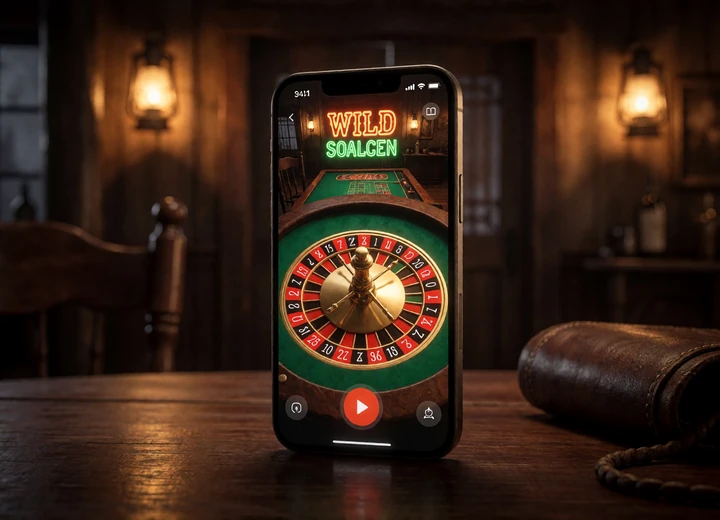 Smartphone mit Live Roulette Stream auf dunklem Saloon-Tisch f&uuml;r mobiles Lizaro Live Casino