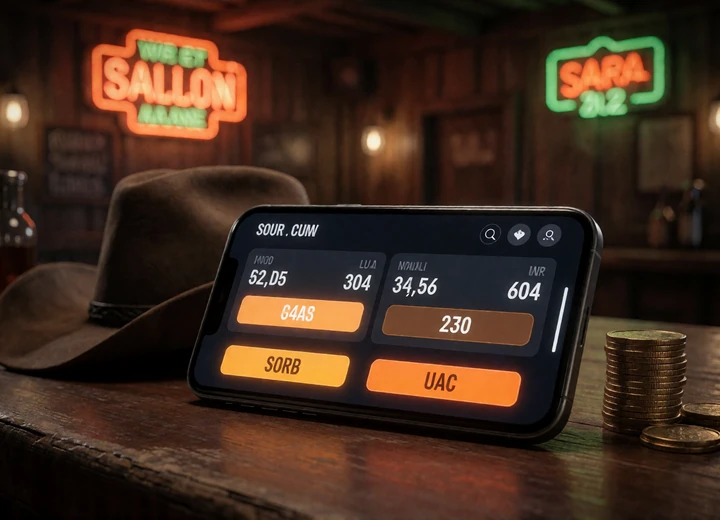 Smartphone mit Live-Wettquoten auf einem Saloon-Tresen neben Cowboyhut f&uuml;r den Lizaro Sportwetten Bonus