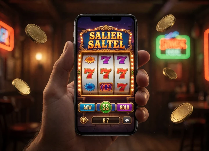 Smartphone mit Slot-Spiel in der Hand vor Saloon-Lichtern - 4.600+ mobile Lizaro Spiele