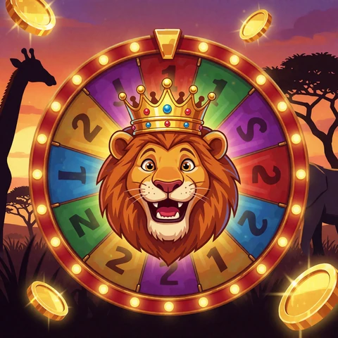 Mega Moolah Slot-Artwork mit L&ouml;wen und Jackpot-Rad in der Savanne bei Lizaro Casino