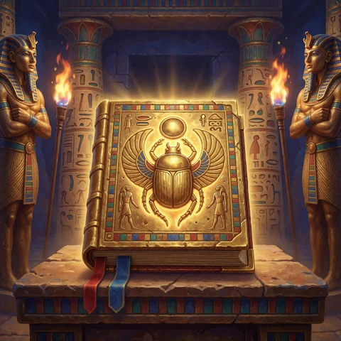 Book of Dead Slot-Artwork mit goldenem Buch im Pharaonengrab - RTP 96,21% bei Lizaro