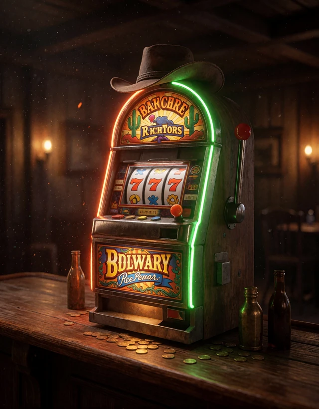 Leuchtender Spielautomat mit Cowboyhut im dunklen Saloon - Symbol f&uuml;r &uuml;ber 5.000 Lizaro Casino Spiele