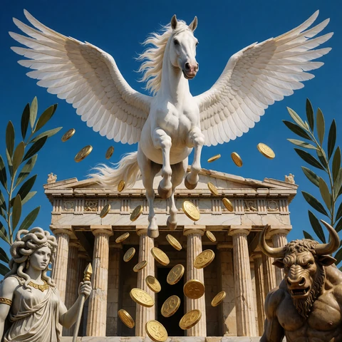 Divine Fortune Artwork mit Pegasus &uuml;ber griechischem Tempel - Jackpot Slot bei Lizaro