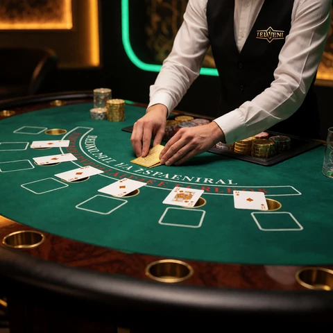 Infinite Blackjack Live Tisch mit gr&uuml;nem Filz und goldenen Karten im Lizaro Live Casino