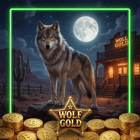 Wolf Gold Slot Thumbnail mit Wolf auf Mesa als Highlight im Lizaro Casino
